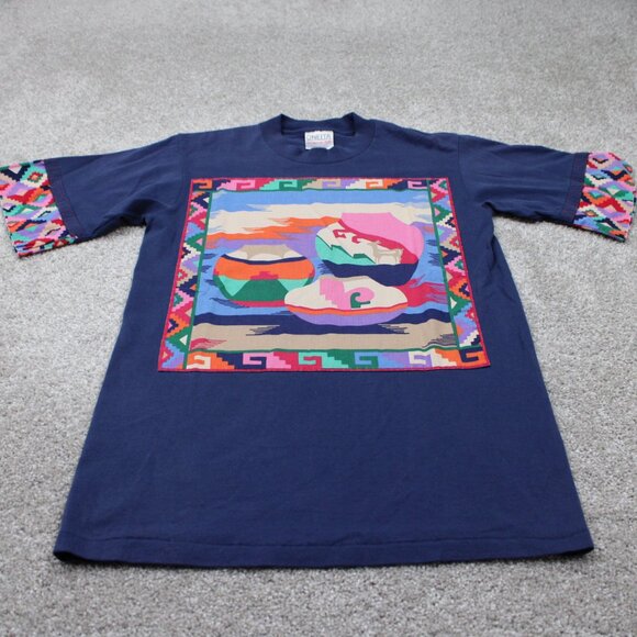 Vintage Oneita Power/50 Shirt Mens Medium Blue Aztec Southwest Tribal S/S - Picture 2 of 13